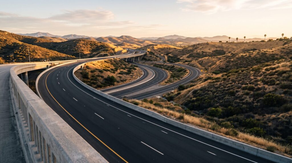 An empty freeway interchange curving through golden East County hills at sunset