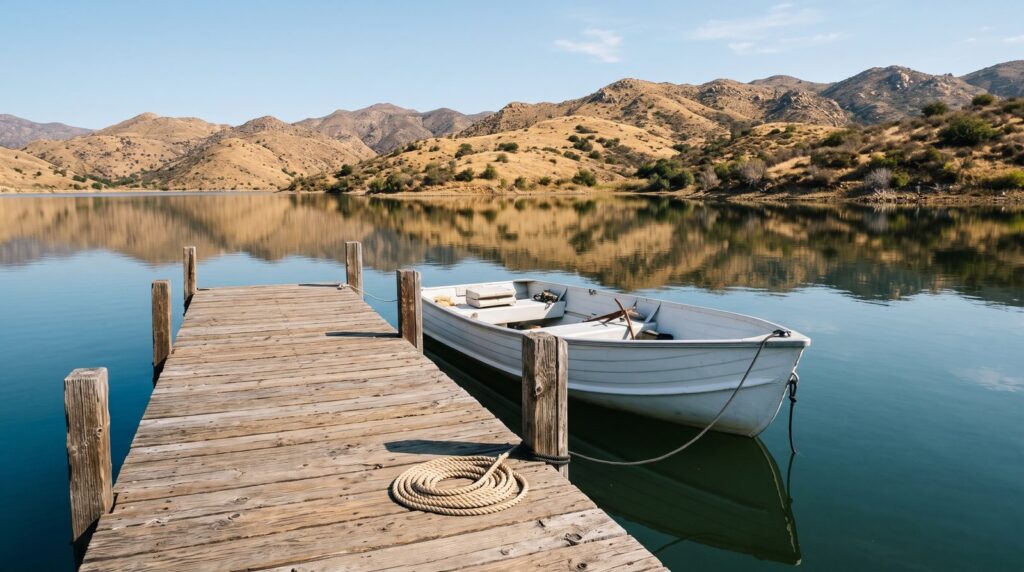 A plain white boat moored at a wooden dock on a calm reservoir surrounded by golden hills