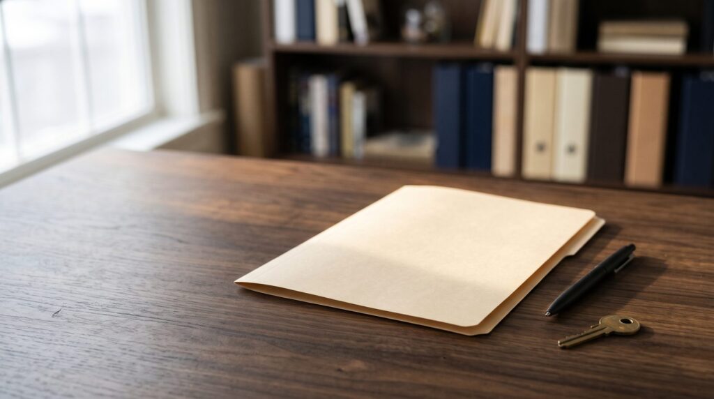 A closed blank manila folder, a black pen and a brass key on a dark walnut desk