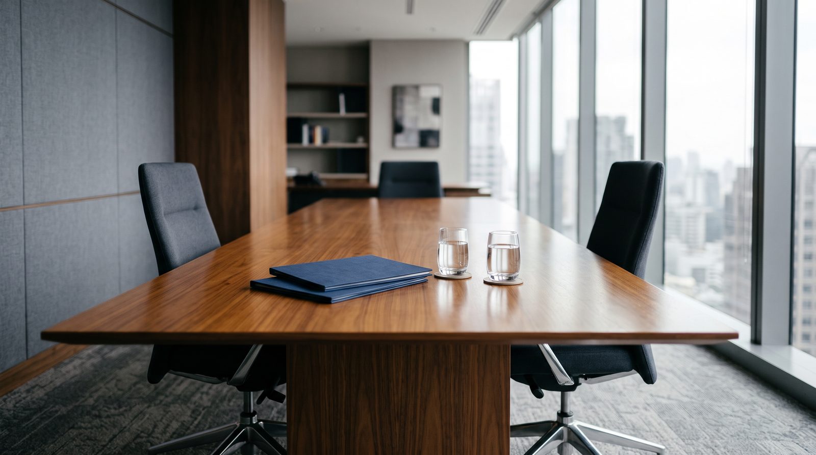An empty conference table with two chairs facing each other, closed blue folders and two glasses of water
