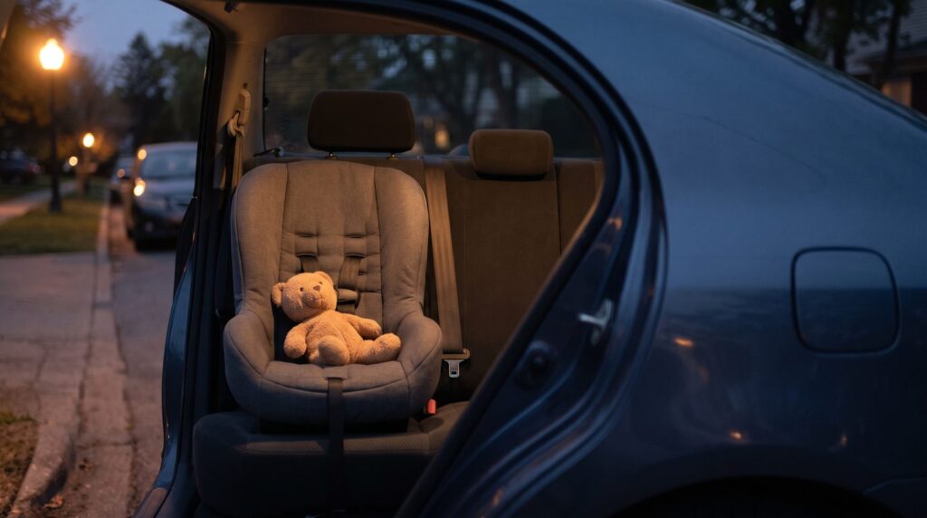 An empty child car seat with a plain plush bear in a parked car at dusk