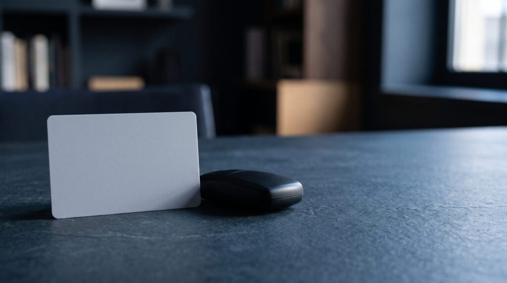 A blank grey card and a plain black key fob on a dark slate desk