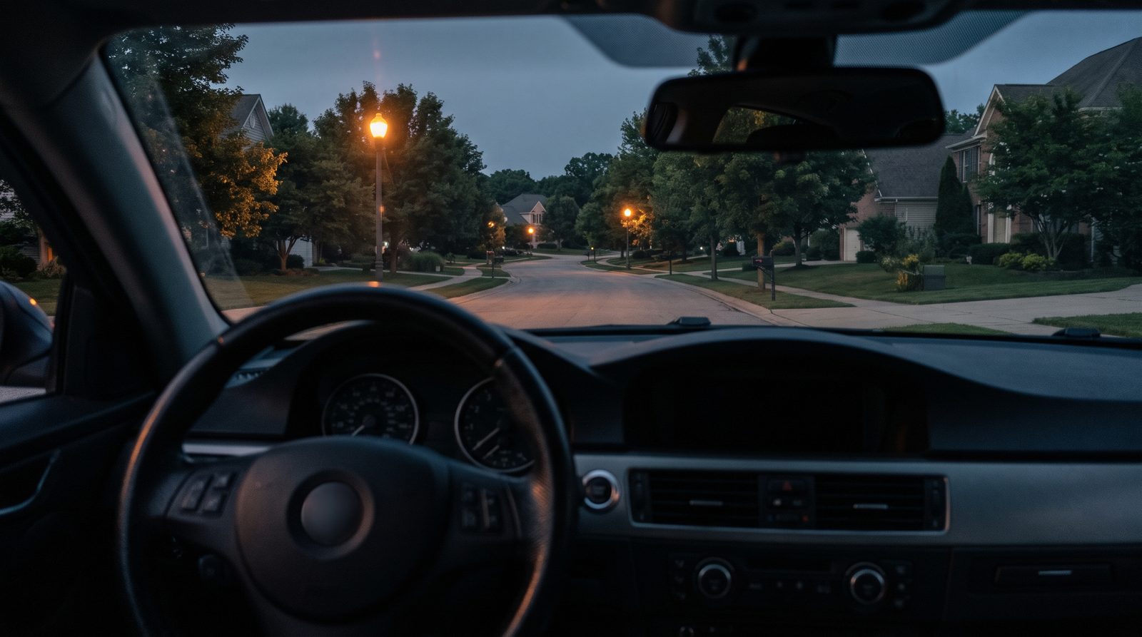 View from the driver seat of a parked car looking down a quiet residential street at dusk