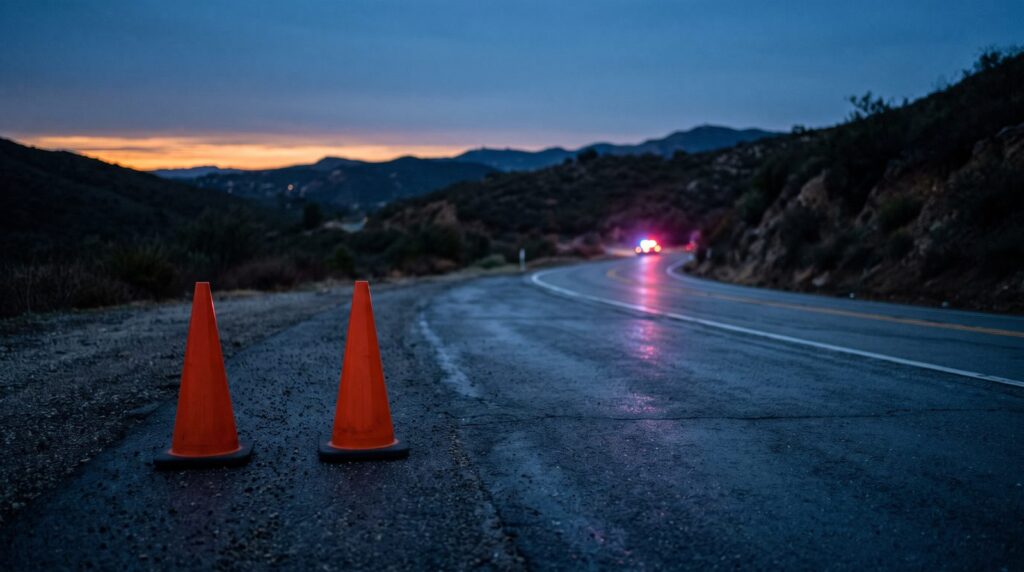 Two plain orange traffic cones on an empty road shoulder at dusk in the San Diego East County hills