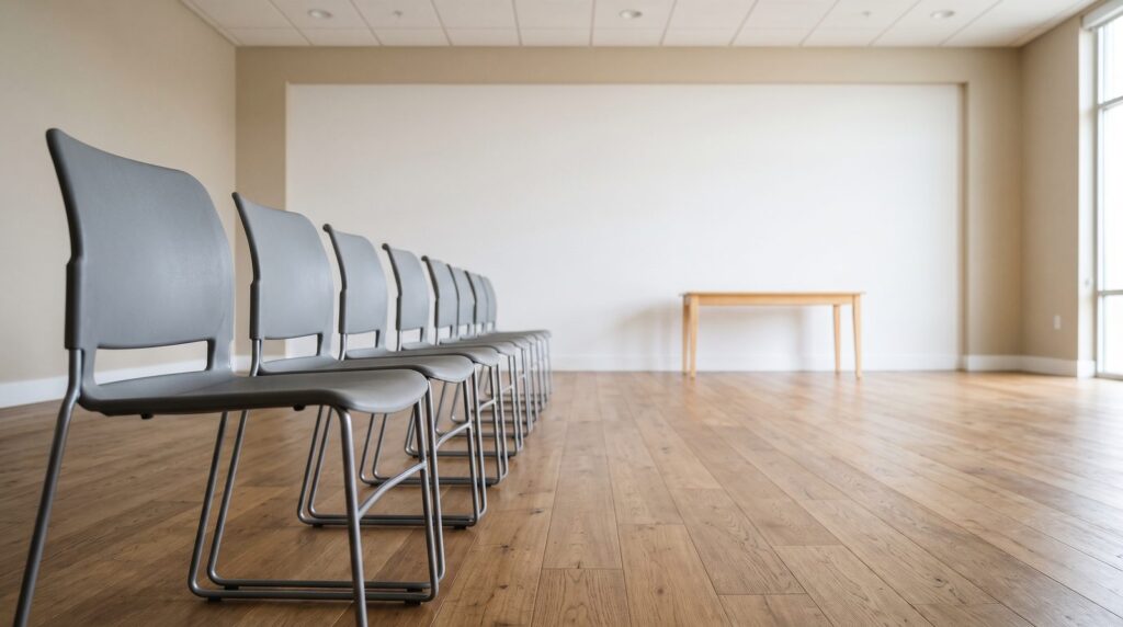 An empty row of grey chairs facing a blank wall in a quiet meeting room