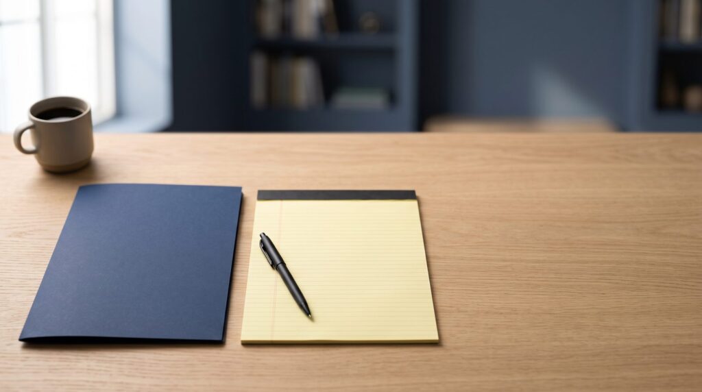 A navy folder, a blank yellow legal pad and a black pen on a pale oak desk with a coffee mug