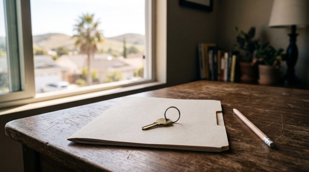 Brass car key resting on a closed manila folder on a wooden desk beside a sunny window
